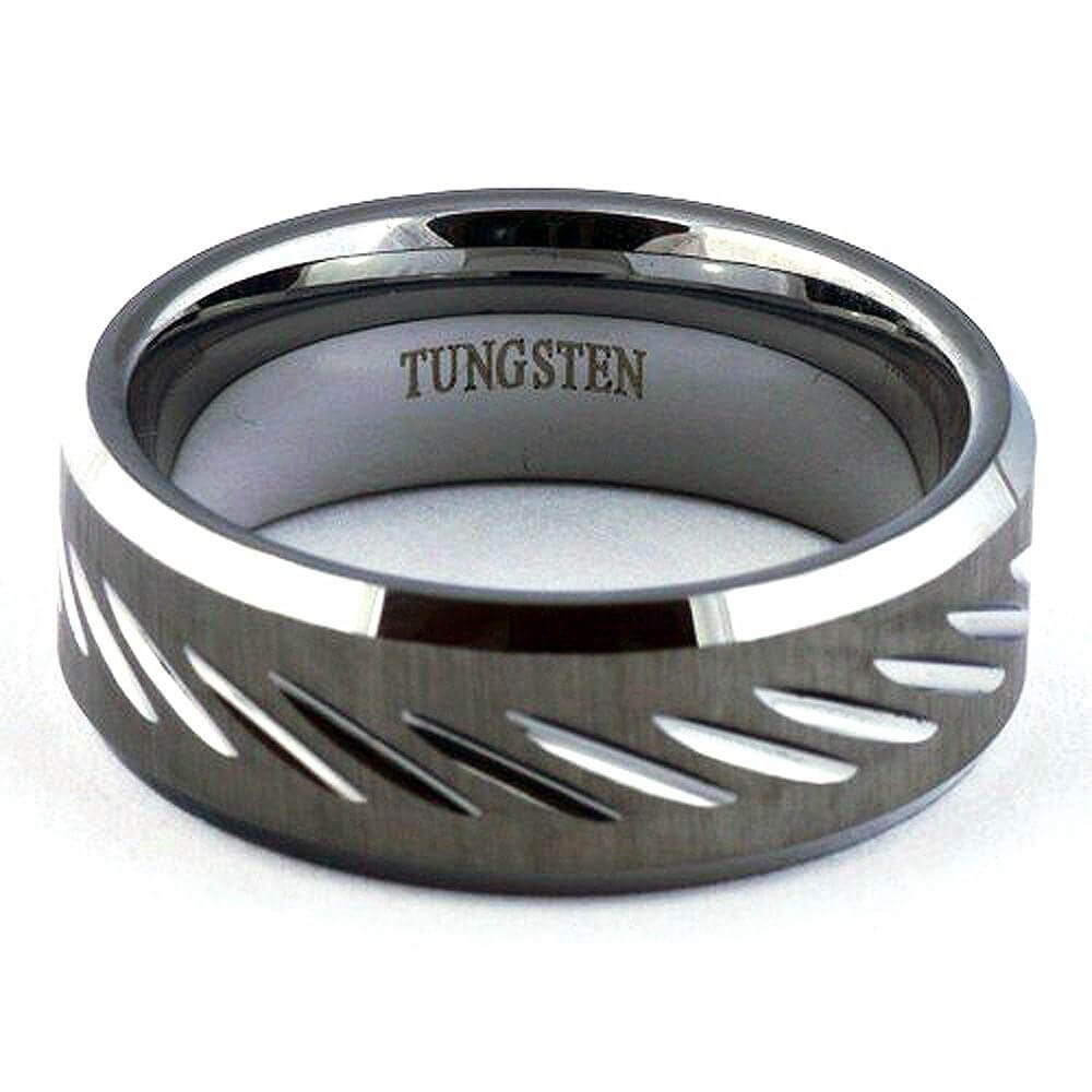 ROTAR Matte Tungsten Wedding Ring Diagonal Grooved & Beveled - Gaboni Jewelers