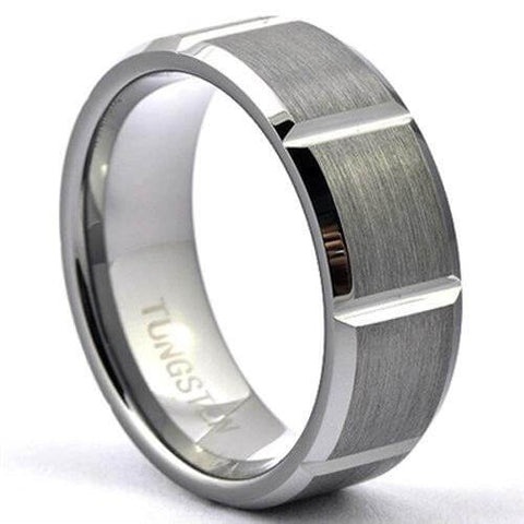 ROTEG Mens Tungsten Ring Brushed Wedding Band Shiny 90 Degrees Grooves - Gaboni Jewelers