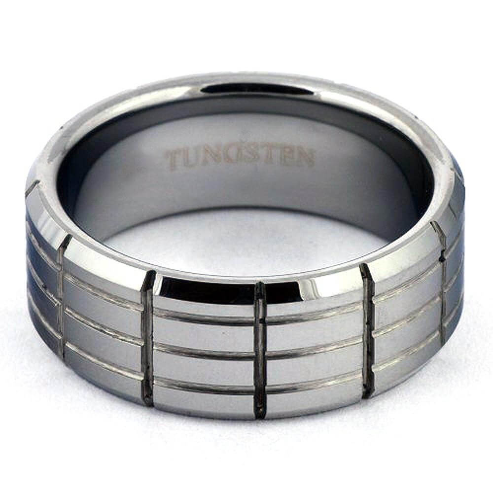 TOGER Mens Tungsten Carbide Ring Cross Grooved & Beveled Shiny - Gaboni Jewelers