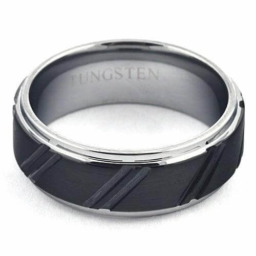 WERUS Brushed Black Tungsten Carbide Ring Silver Polished Steps - Gaboni Jewelers