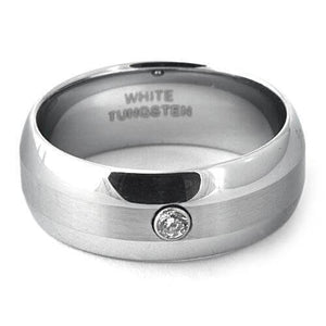 XAVIT Dome White Tungsten Wedding Ring Brushed Stripe & Stone - Gaboni Jewelers